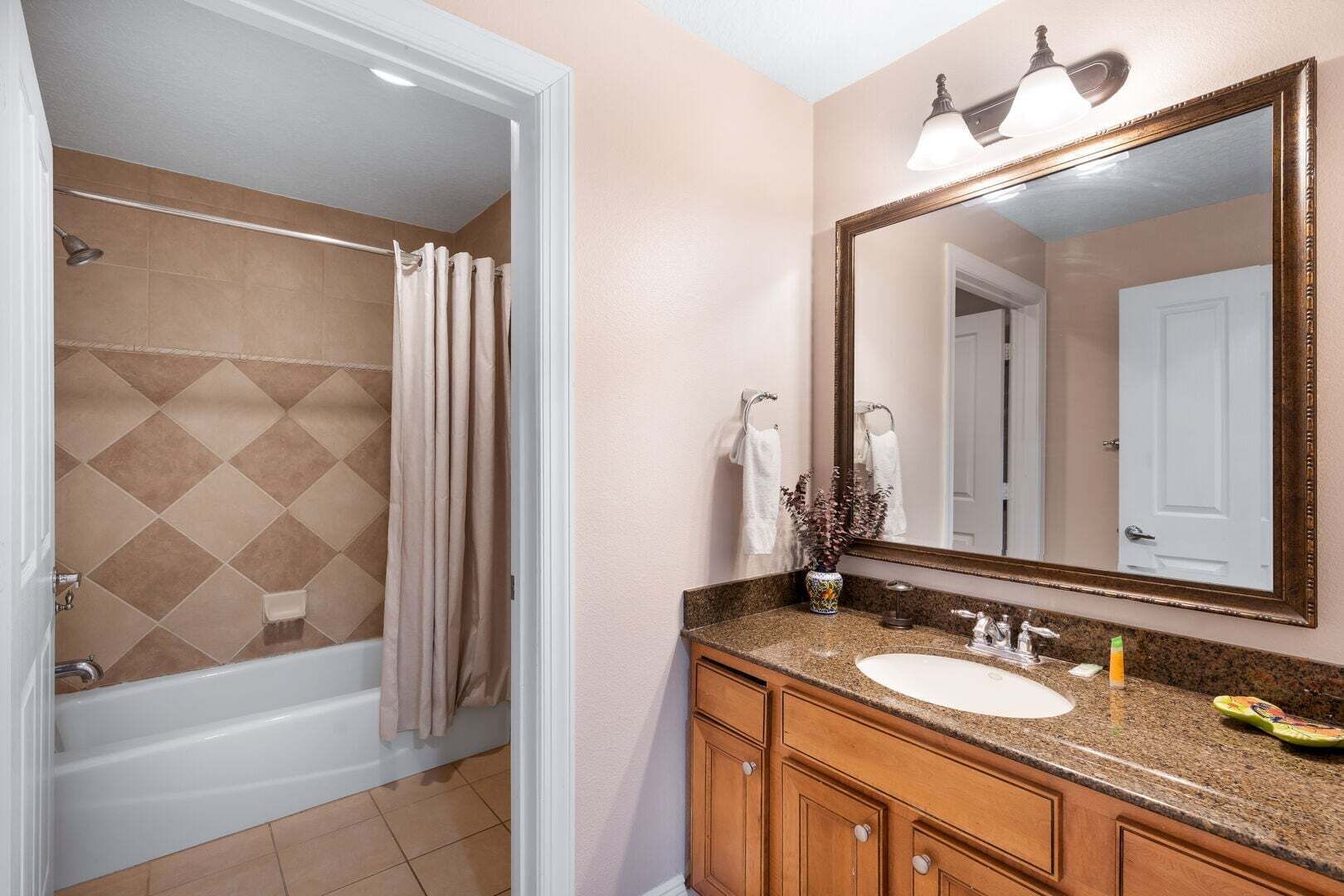 Een badkamer met een douche, wastafel, spiegel en handdoekhouder.