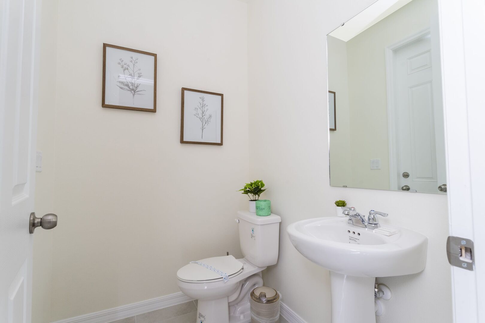 Une salle de bain comprenant des toilettes, un lavabo, deux illustrations botaniques encadrées accrochées au mur, une petite plante posée sur le réservoir des toilettes et un miroir au-dessus du lavabo.