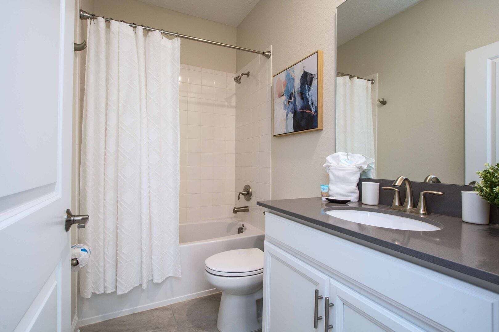 A bathroom with a shower curtain, a toilet, a sink with a mirror, and a framed picture on the wall.