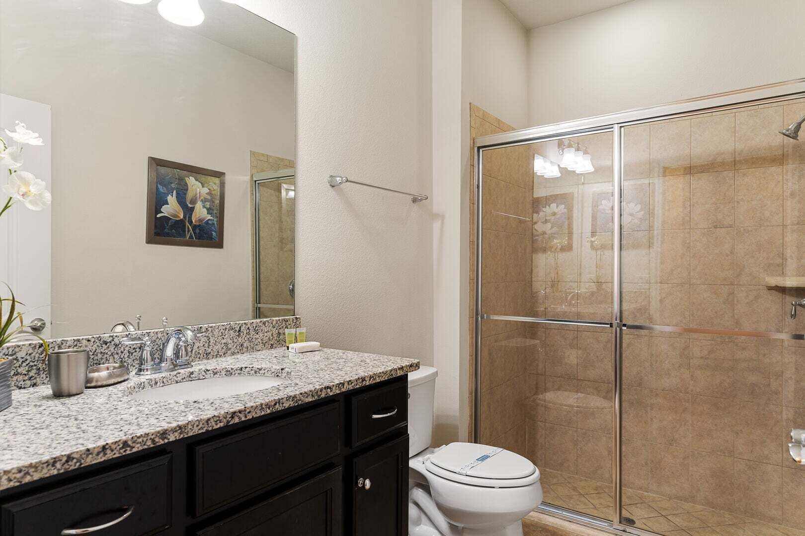 A bathroom with a granite countertop sink, a glass shower enclosure, and a toilet.