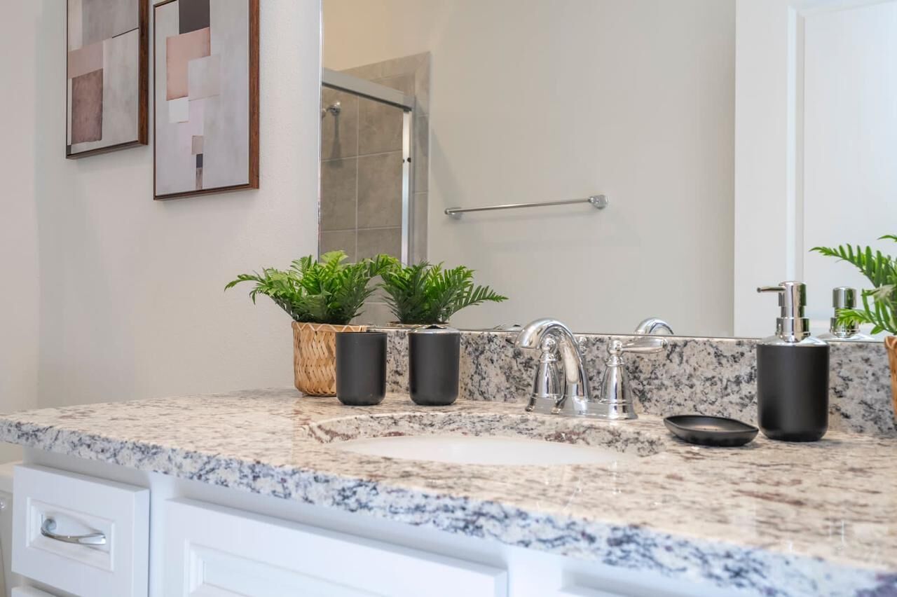 Un baño con encimera de granito, un lavabo, un espejo, un perchero para toallas y plantas en macetas.