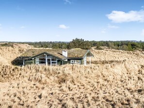 Ein Haus mit einem grünen Dach, umgeben von hohem Gras.