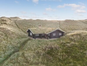 A log cabin with a gabled roof, situated on a grassy hill with a clear sky above. - "Apelone" - 450m from the sea by Interhome (Blokhus)