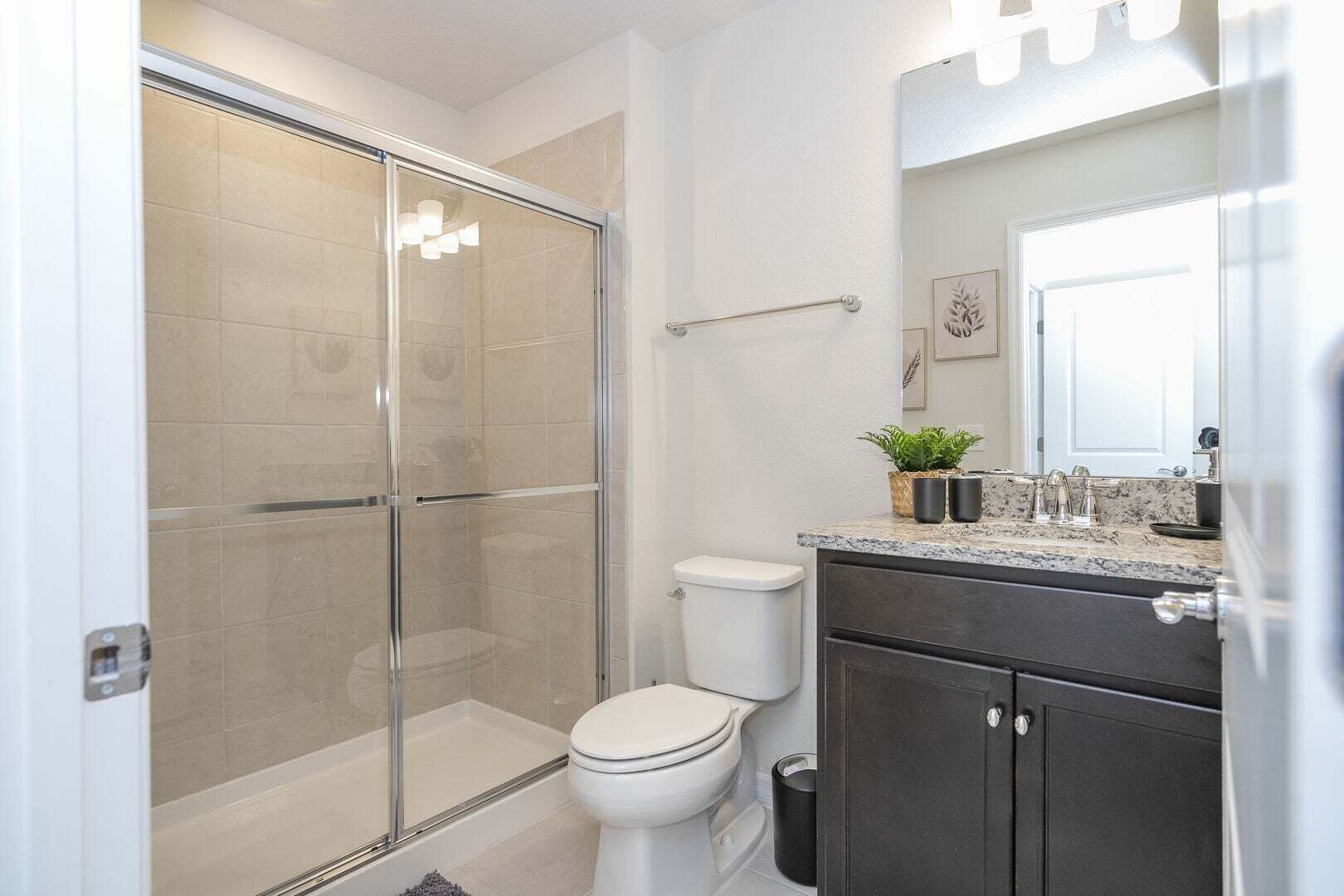 A modern bathroom with a glass-enclosed shower, a toilet, a vanity with a sink, and a mirror.