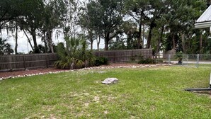 A grassy backyard with a wooden fence, trees, and a stone. - Waterfront Canal/Park Your Boat (Homosassa)