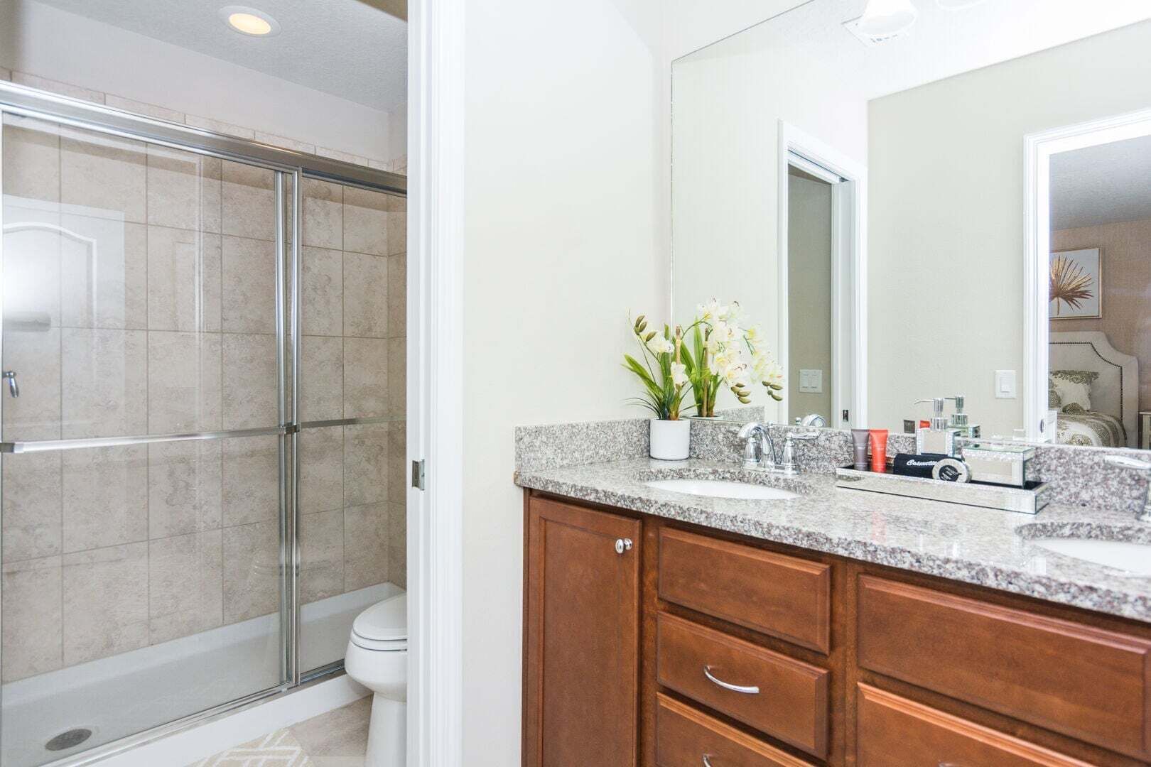 A bathroom with a shower, toilet, vanity, and a large mirror.