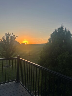 A deck with a view of a sunset over a field and trees. - Spacious 4-bedroom home in a beautiful neighborhood on the edge of town (Dubuque)