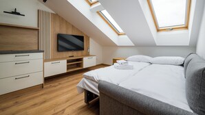 Un dormitorio moderno con tragaluz, televisión de pantalla plana, cama y suelo de madera.
