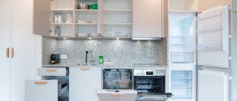 Fridge, oven, dishwasher, cookware/dishes/utensils