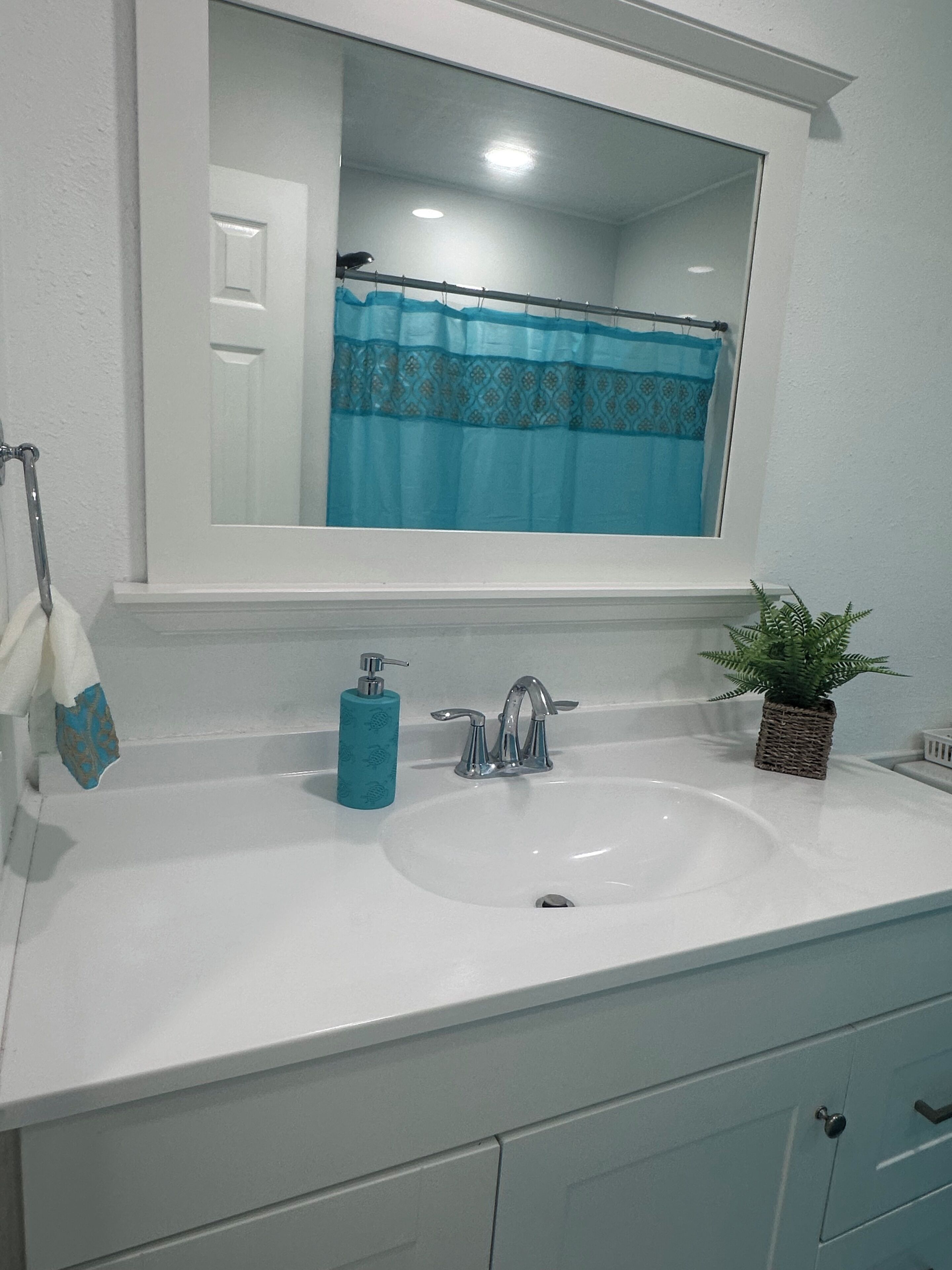 A bathroom with a white sink, a mirror, a towel rack, a bottle of soap, and a small plant.