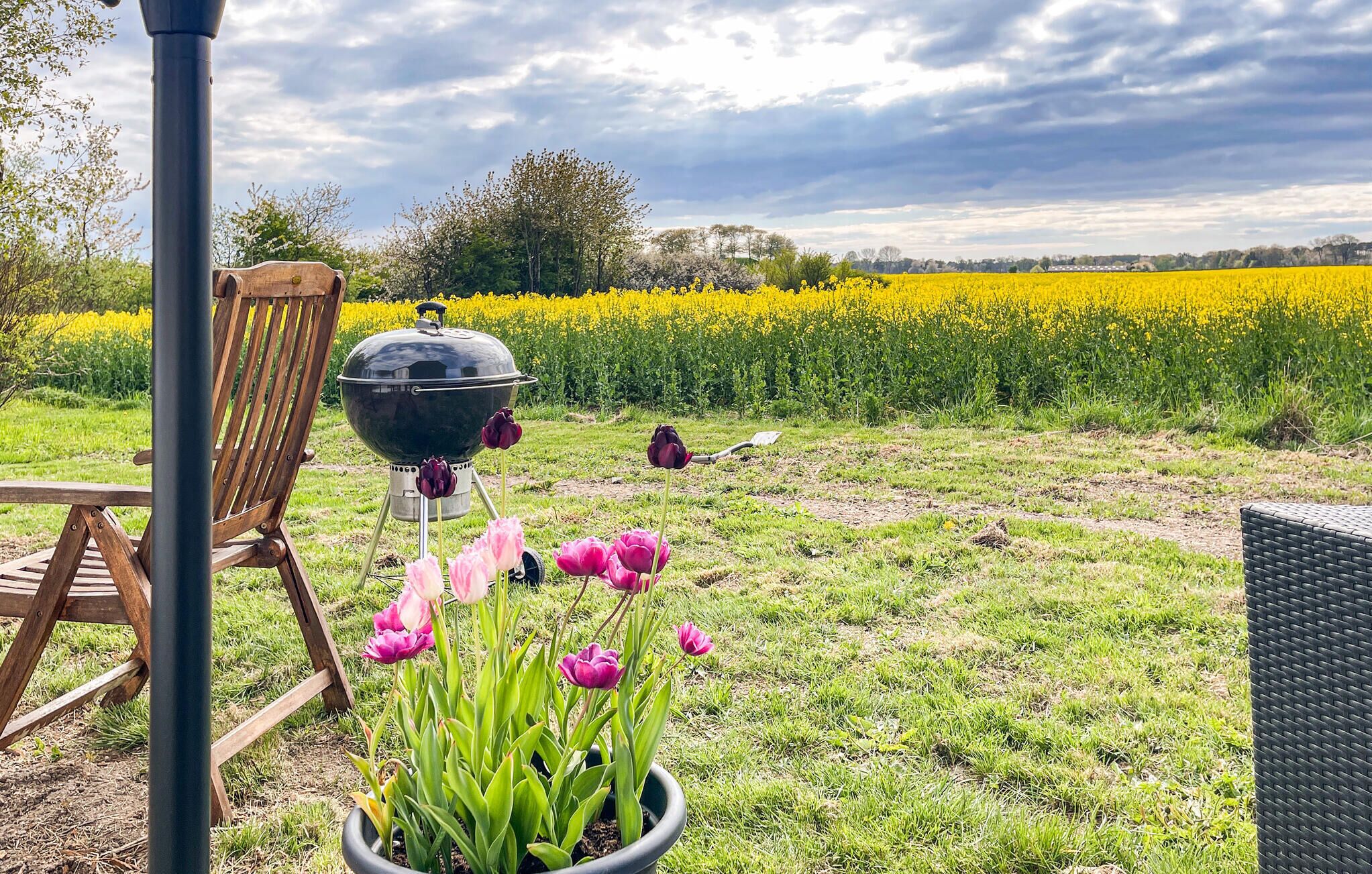 Een tuin met een barbecue, een stoel en tulpen.