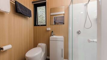 Shower, hair dryer, towels, shampoo