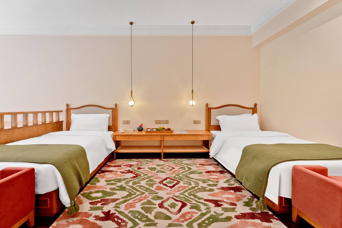 Une chambre d’hôtel avec deux lits, une table de chevet en bois, un bureau et une moquette à motifs.