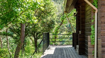 A wooden deck leading to a building with a brick exterior, surrounded by dense greenery.