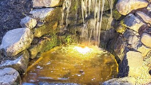 Una cascada de piedra con un pequeño estanque en la base, rodeada de rocas y guijarros.