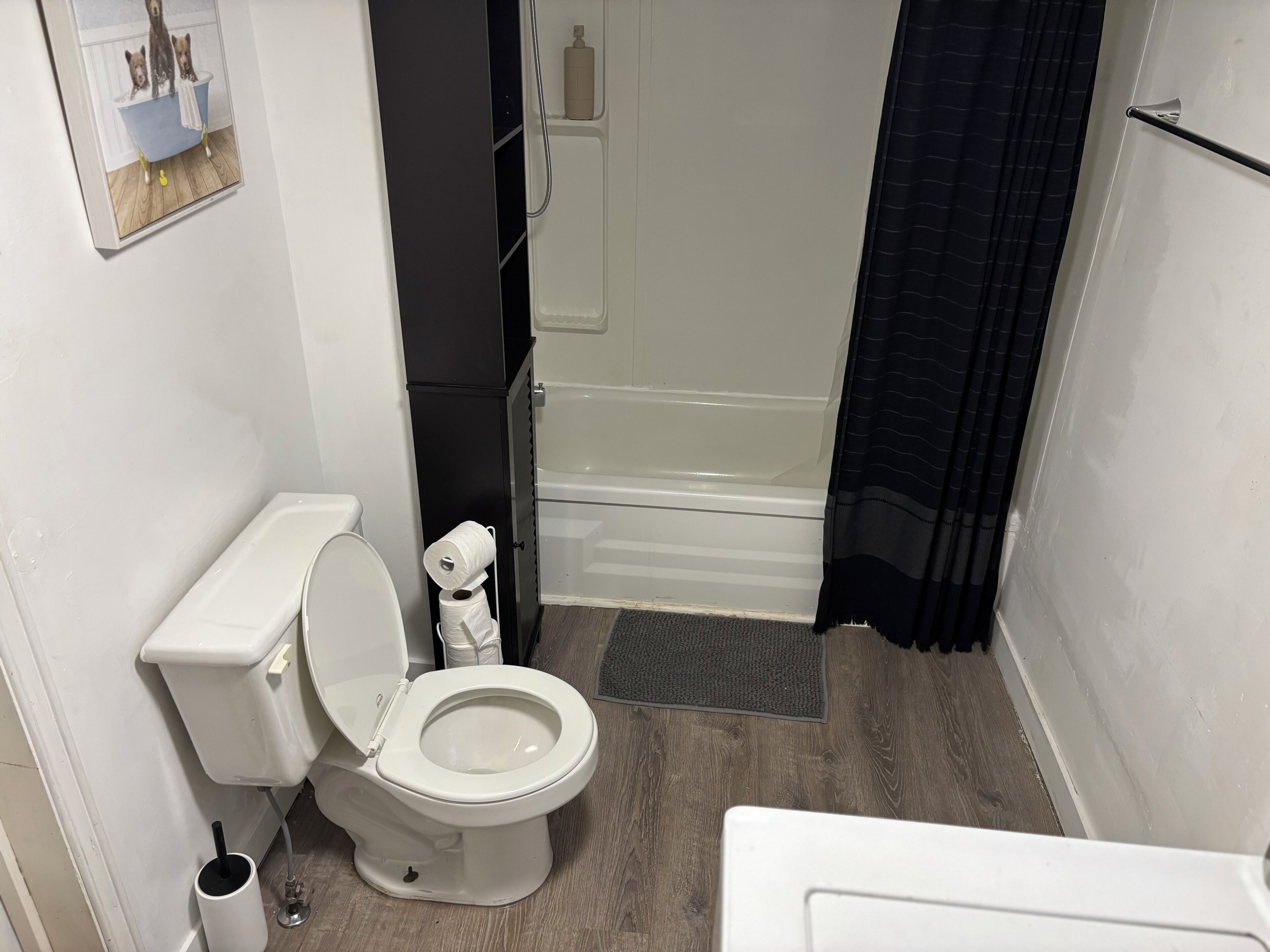 A bathroom with a toilet, a shower, and a bathtub.