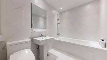 Hair dryer, slippers, towels, toilet paper