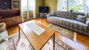 Un salon comprenant un canapé, une table basse en bois, un téléviseur et un meuble.