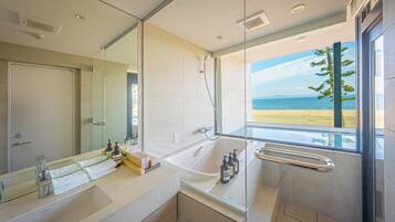 Luxury Suite, Private Pool, Sea View | Bathroom | Separate tub and shower, free toiletries, hair dryer, bathrobes