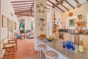Eine Küche mit Kochinsel, Barhocker und Essbereich mit Sofa und Stühlen.