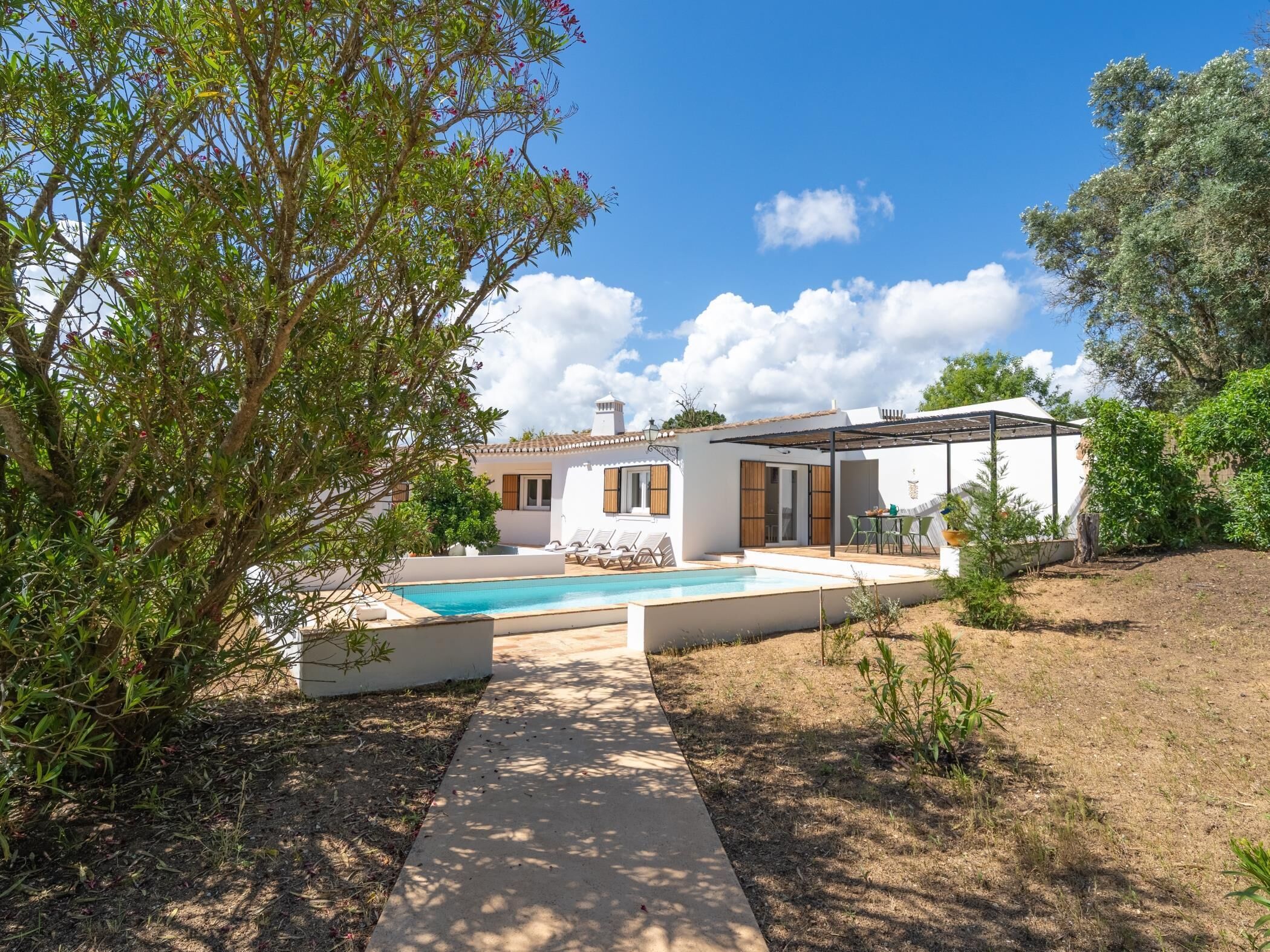 A modern house with a swimming pool, a covered patio, and a garden.