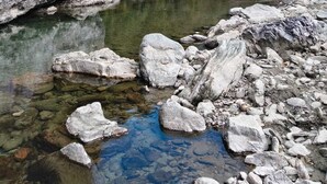 A river with clear water, surrounded by rocks and greenery, with mountains in the background.