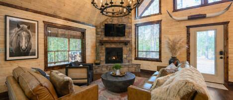 Smart TV, fireplace, video games, foosball