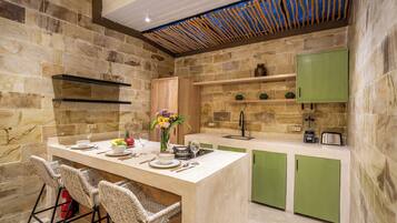 Exclusive Villa, Pool View | Private kitchen | Coffee/tea maker, spices, eco-friendly cleaning products, paper towels