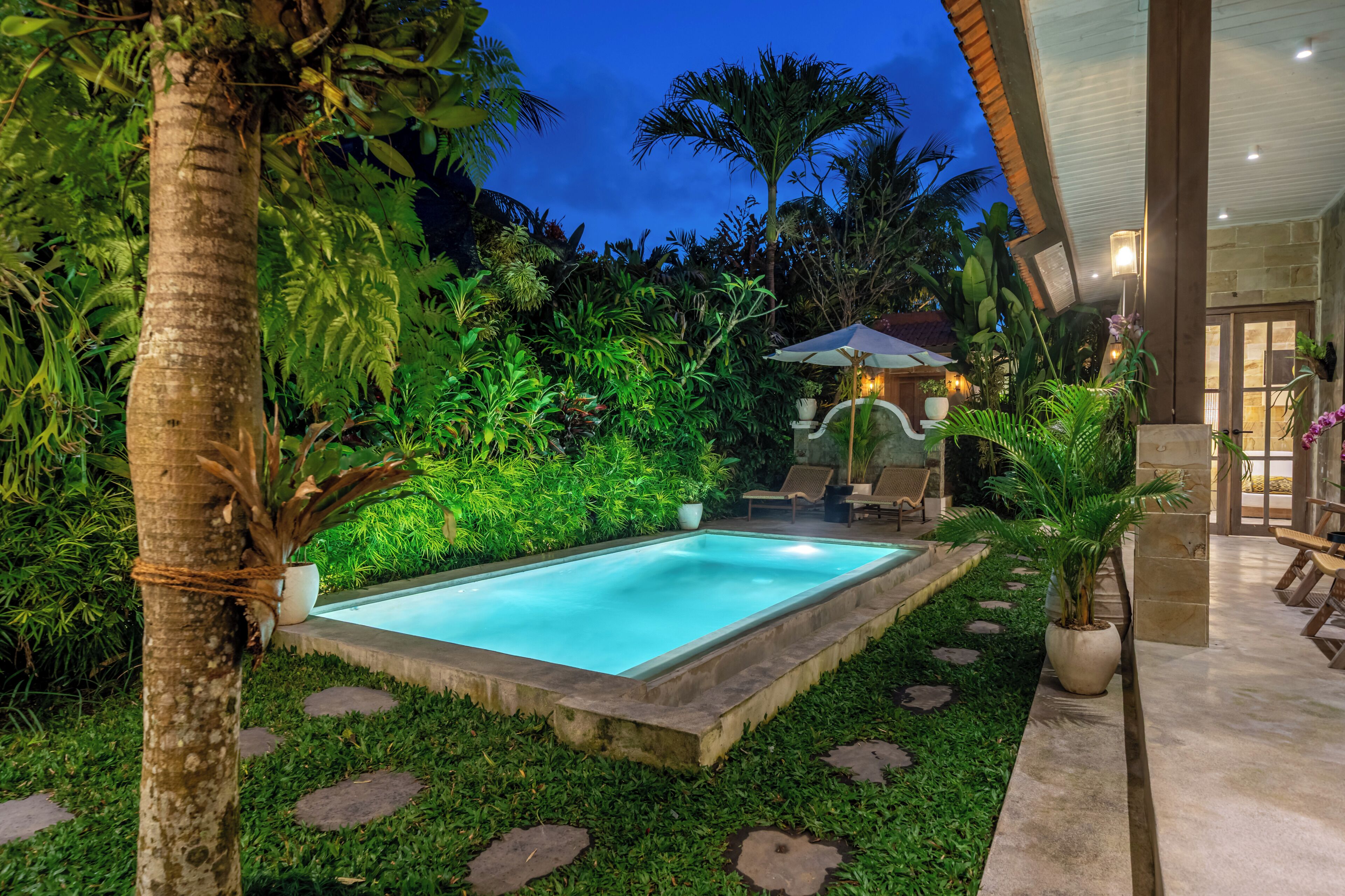 A swimming pool surrounded by lush greenery and a stone pathway.