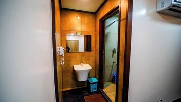 Shower, rainfall showerhead, hair dryer, towels