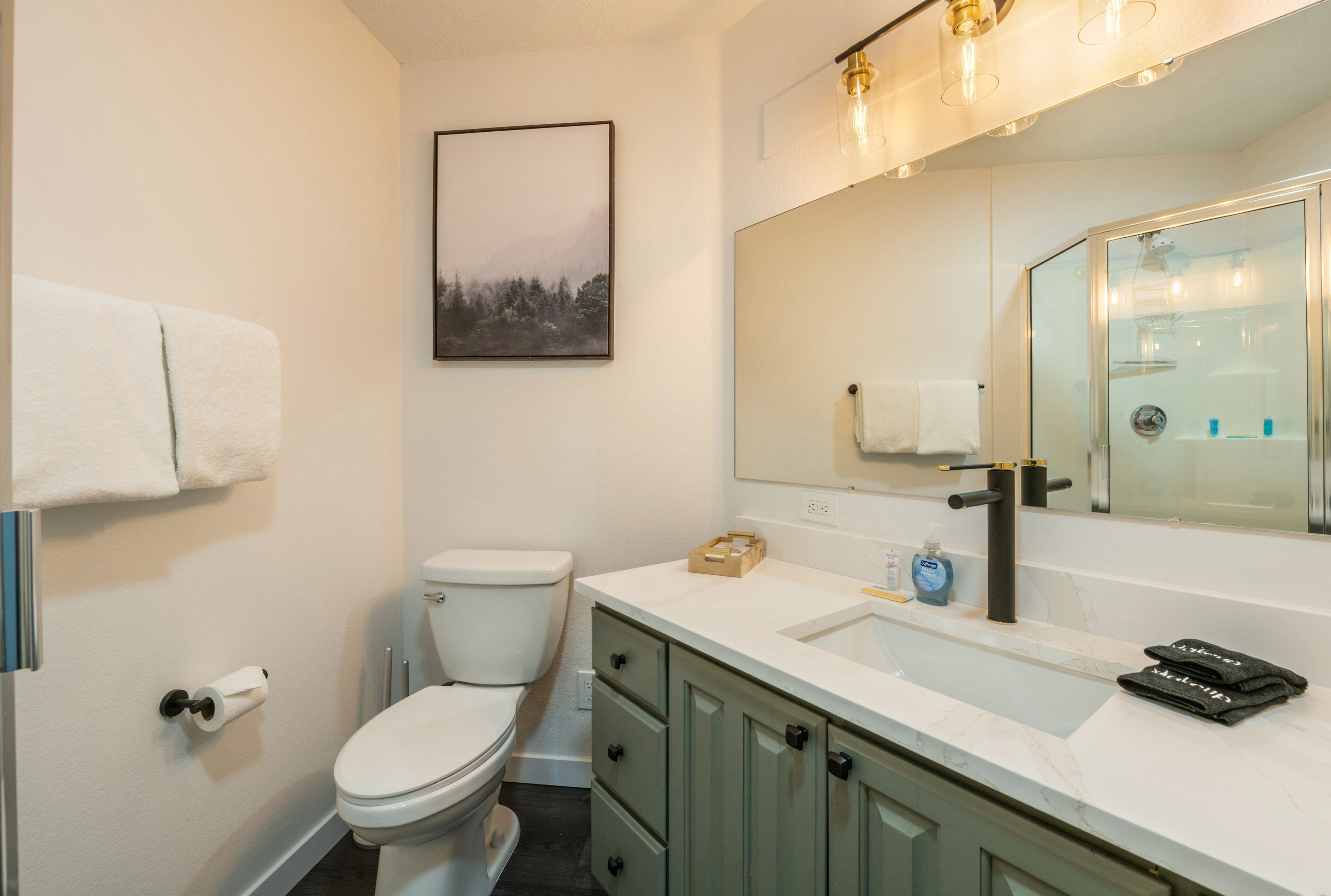 Une salle de bain équipée de toilettes, d’un lavabo, d’un miroir et d’un porte-serviettes.
