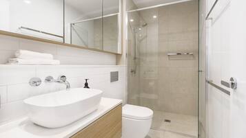 Shower, hair dryer, towels