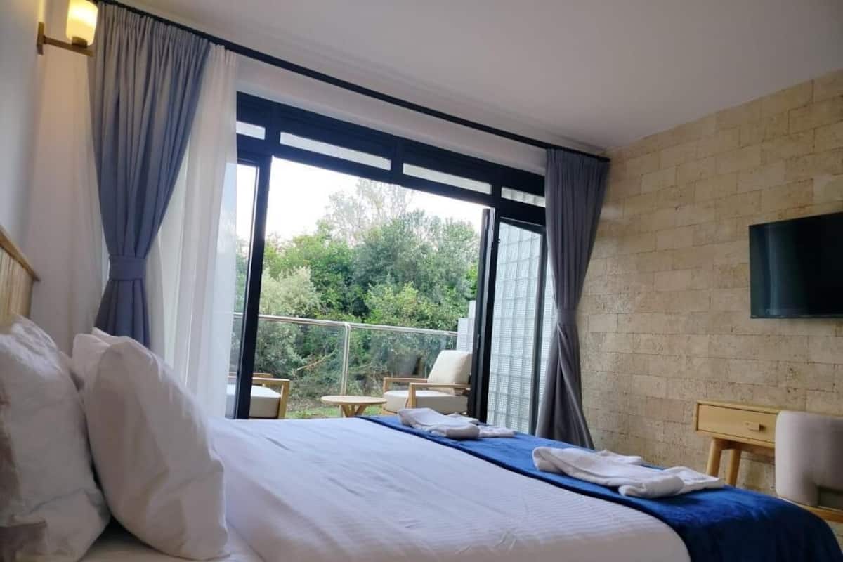 Habitación de hotel con cama, televisión, balcón con una silla y pared de ladrillo.
