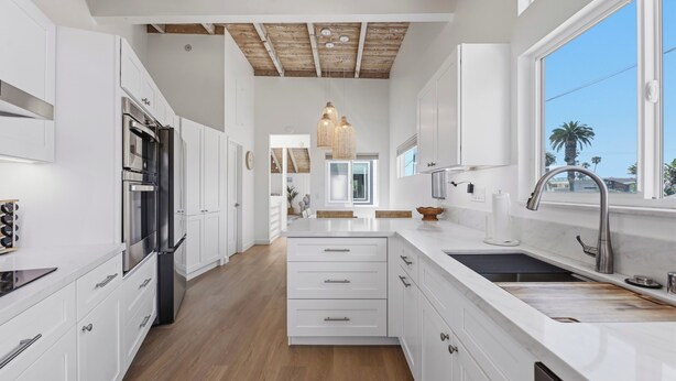 A modern kitchen with white cabinetry, stainless steel appliances, a wooden ceiling, and a large window with a view. - Sand and Spa Retreat in Del Mar (Del Mar)