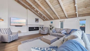 Smart TV, fireplace, video library