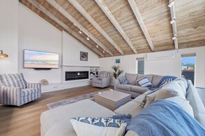 Smart TV, fireplace, video library