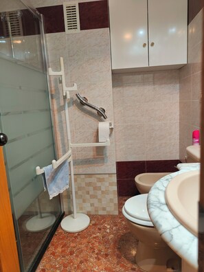 Shower, hair dryer, bidet, towels