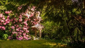 A garden with a gazebo and blooming pink flowers. - Tower House  - West Coast Forest Escape (Ucluelet)