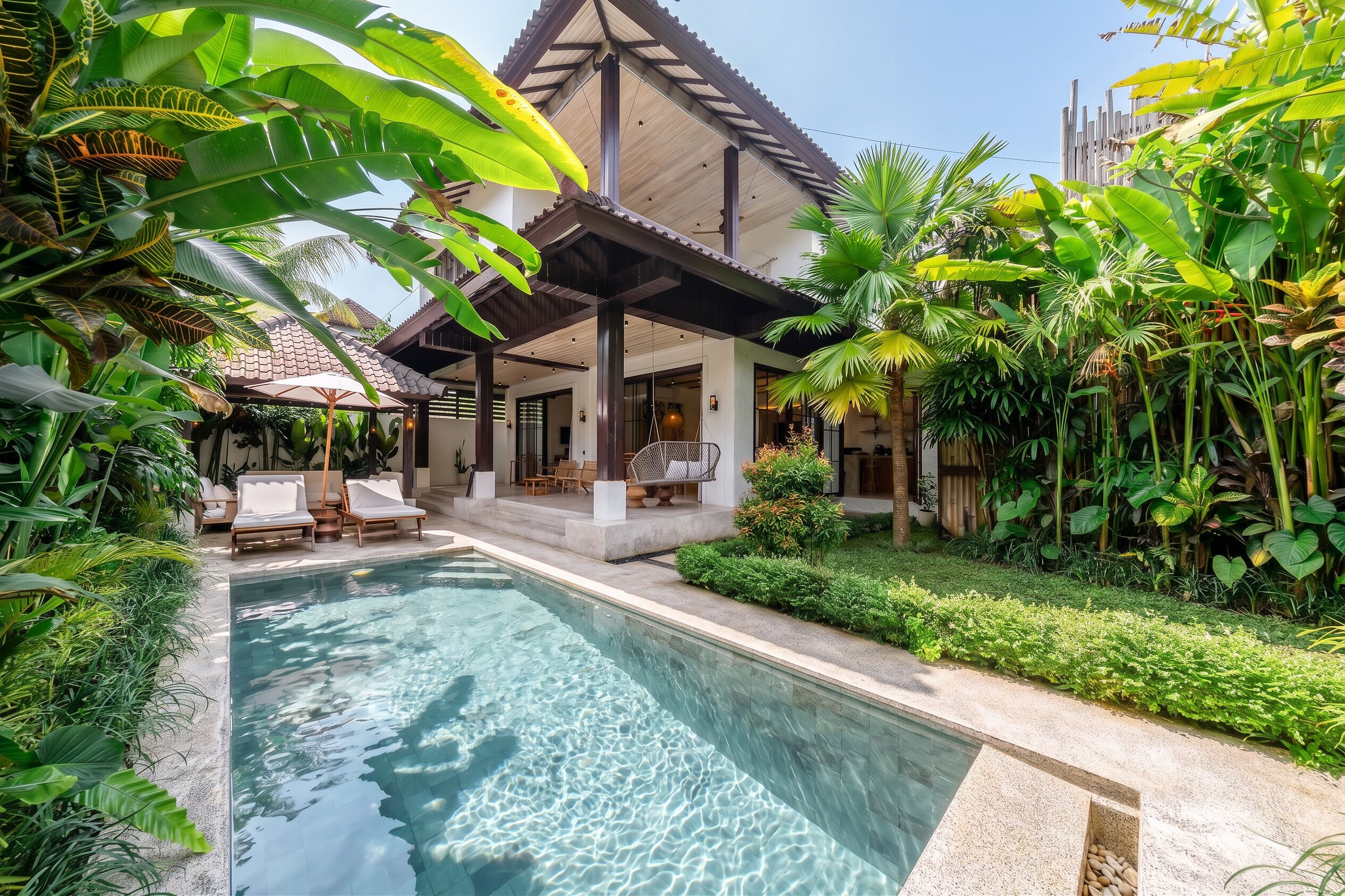 A poolside area with lounge chairs, a covered seating area, and lush tropical vegetation.