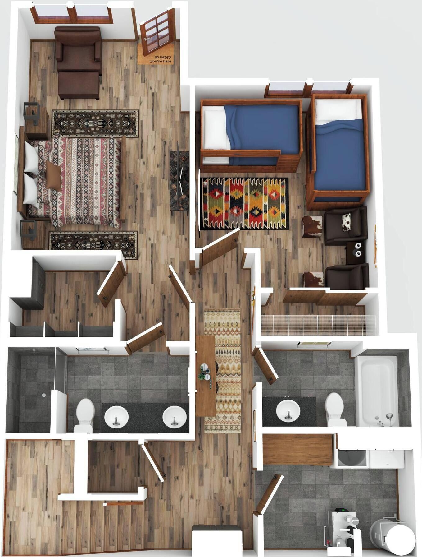 A 2-bedroom apartment with a living room, two bedrooms, a kitchen, and a bathroom.