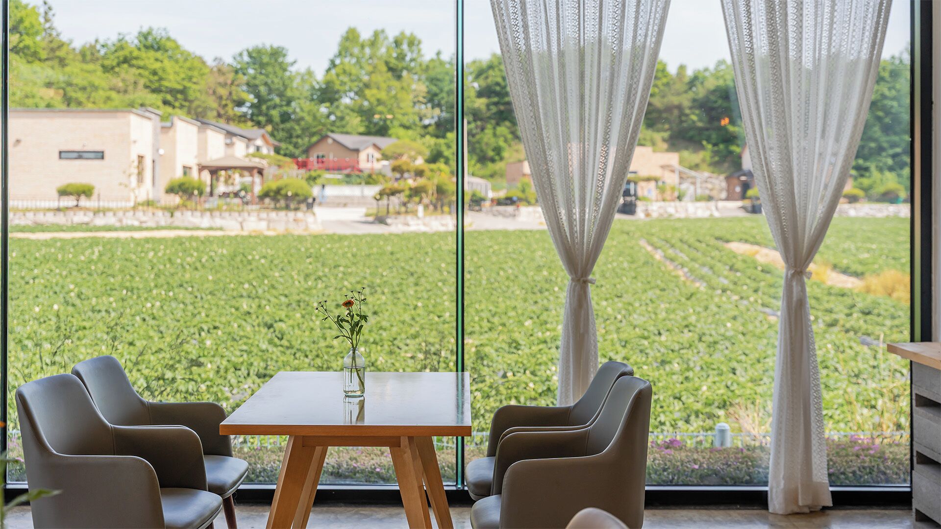 Ein Zimmer mit Tisch und Stühlen, das durch ein großes Fenster einen Blick auf ein grünes Feld bietet.