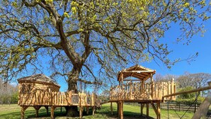 Une structure de jeu en bois, dotée d’une balançoire et d’une zone d’escalade, entourée d’arbres et d’herbe.