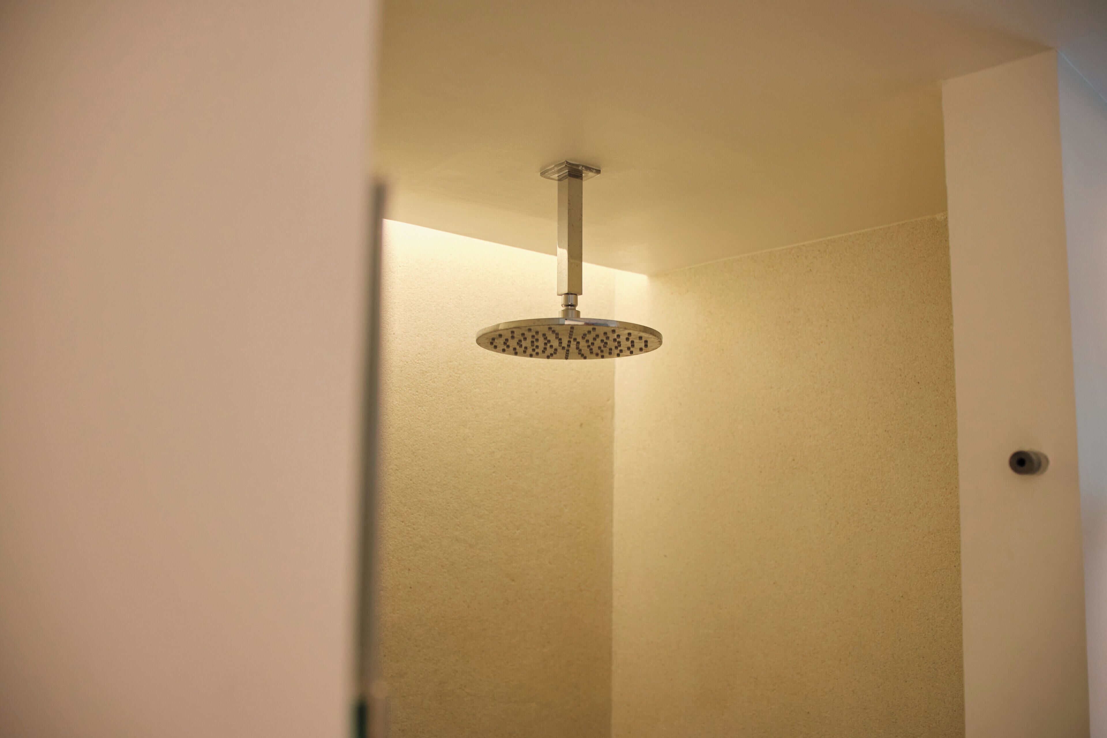 A bathroom with a showerhead mounted on the ceiling.