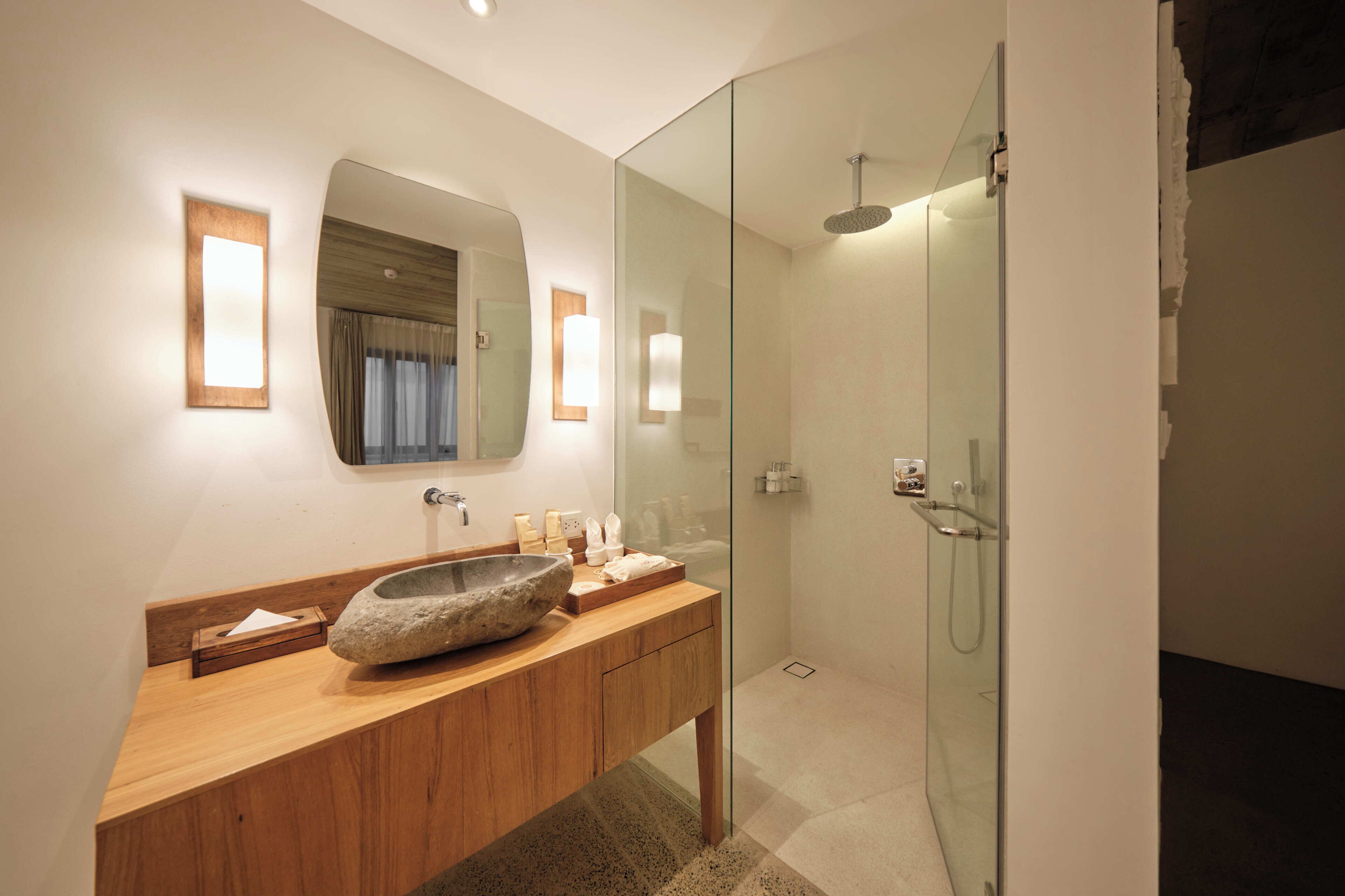 A modern bathroom with a wooden vanity, a stone basin, a glass shower enclosure, and a large mirror.