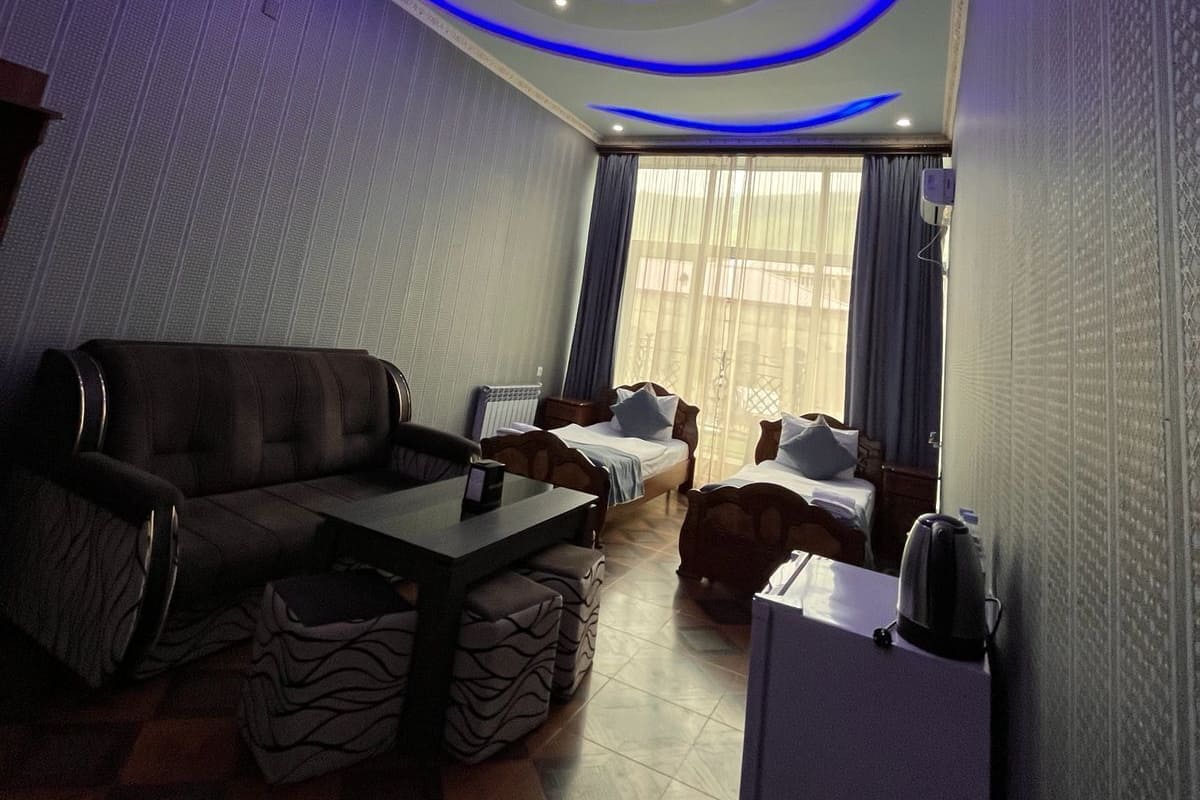 Una sala moderna con sofá, una mesa de centro y una cama.