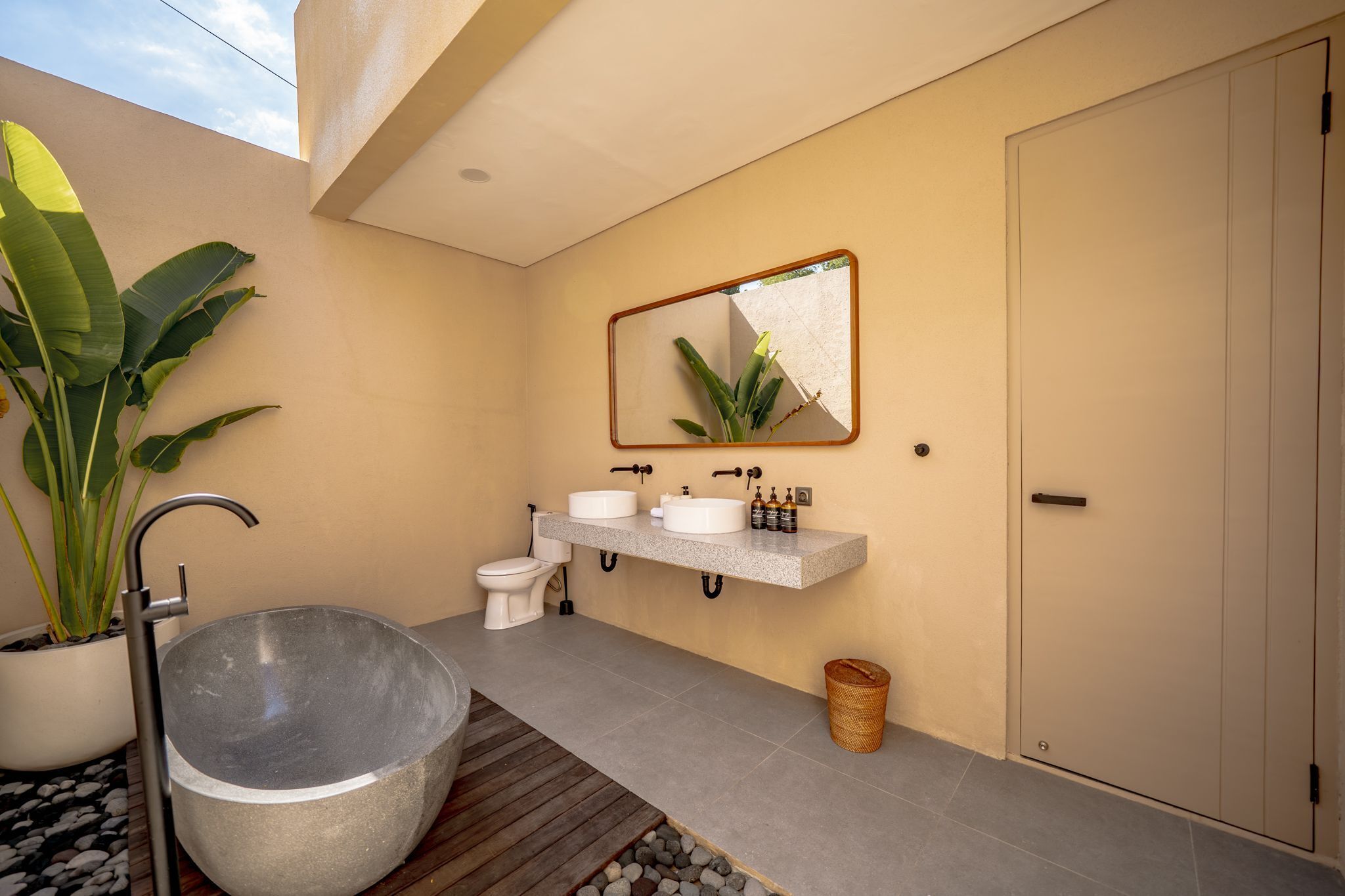 Een moderne badkamer met een grote waskom, twee wasbakken, een toilet, een spiegel en een potplant.