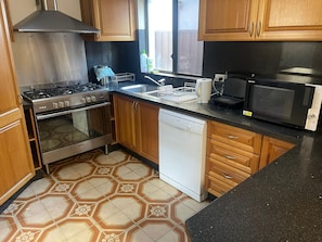 A compact kitchen with a stove, oven, microwave, and dishwasher.