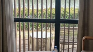 Una habitación con vista a un río, visible a través de barrotes metálicos, con una mesa redonda y una silla afuera.