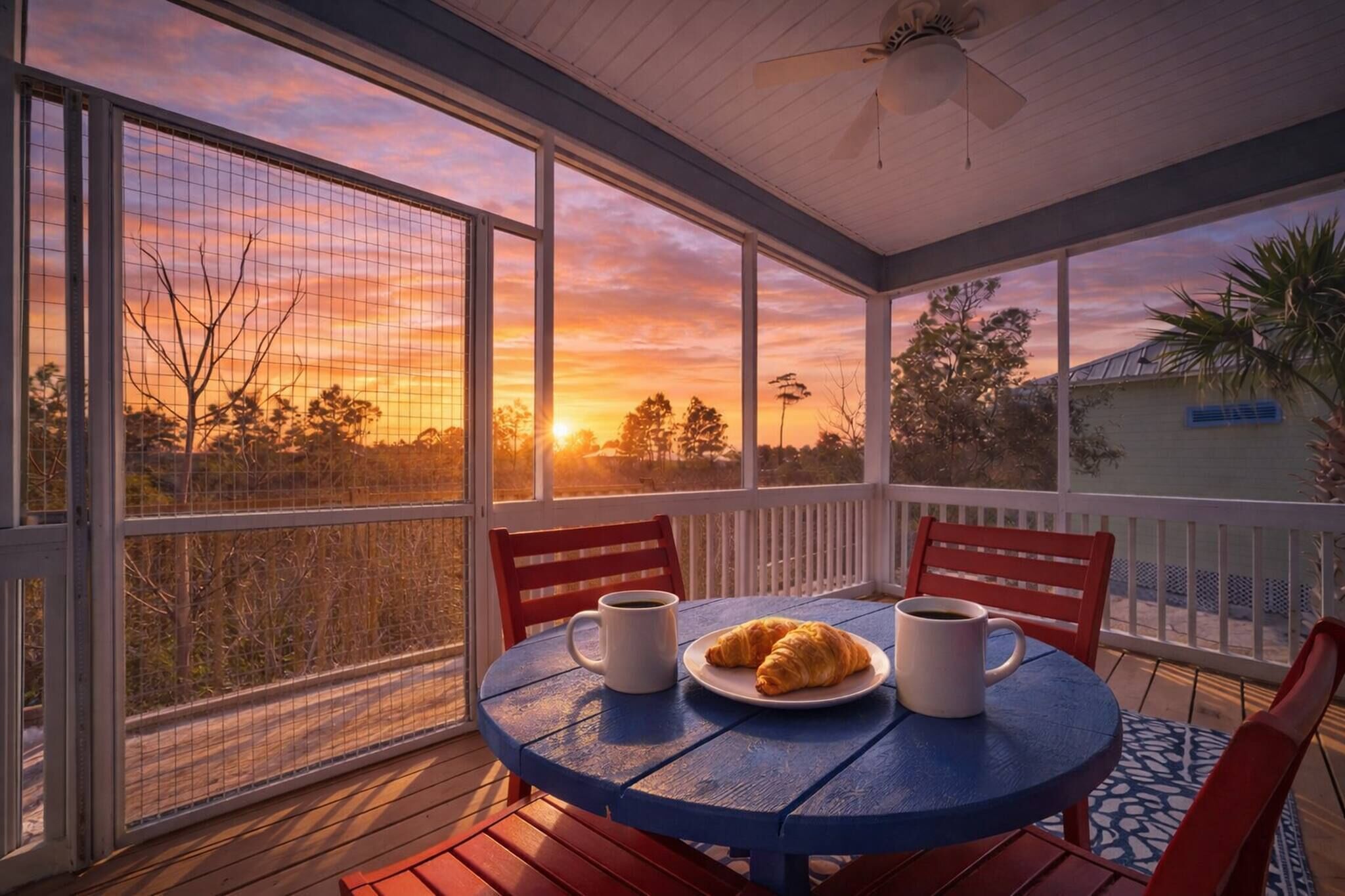Een overdekt terras met een tafel en stoelen, met uitzicht op een schilderachtig zonsondergang.