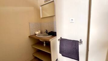 Une petite salle de bain avec un lavabo, un miroir et un porte-serviettes.
